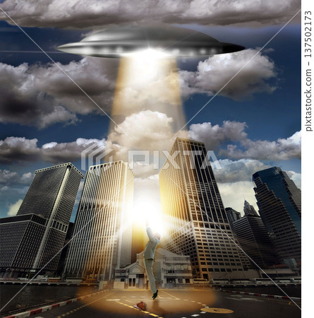 UFO, spaceship and alien abduction in street, man victim and tractor beam for horror, search or light. UAP ship, flying saucer and lights in dark cityscape, metro or cbd for fantasy, flight or person 137502173