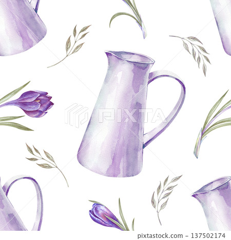 A seamless spring pattern with a white pitcher, purple crocuses and green leaves. Watercolor illustration on an isolated background. Realistic seasonal background for spring-themed home decor, Easter 137502174