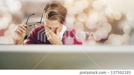 Business, stress and man with a headache, overlay and burnout with bokeh background. Person, employee and consultant with a migraine, overworked and banner with financial audit, depression and pain Business, stress and man with a headache, overlay and burnout with bokeh background. Person, employee and consultant with a migraine, overworked and banner with financial audit, depression and pain 137502185