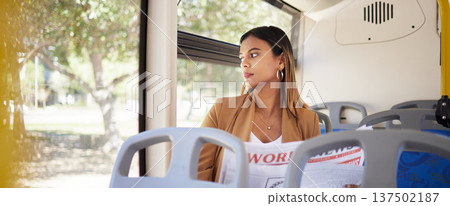 Woman on a bus, transport and travel with newspaper, commute to work or university, city and traffic. Transportation, vehicle and student, day trip and reading material with metro and public service Woman on a bus, transport and travel with newspaper, commute to work or university, city and traffic. Transportation, vehicle and student, day trip and reading material with metro and public service 137502187