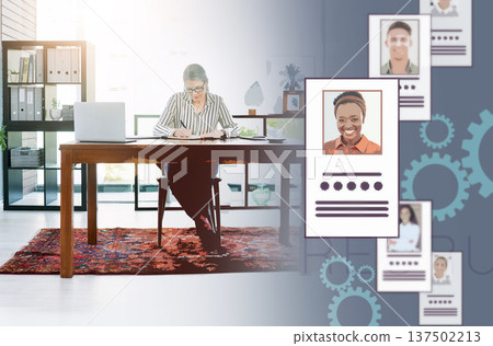 Human resources, recruitment and manager with woman in office for job interview, resume or employee database. Overlay, hiring and search with person writing for digital, headhunter and crm technology 137502213