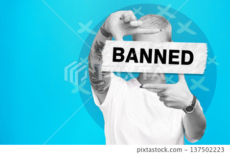 Banner, ban and face of woman with protest for social media bullying, illustration and opinion on abstract blue background. Mockup, person and voice for stop, word overlay and message in studio Banner, ban and face of woman with protest for social media bullying, illustration and opinion on abstract blue background. Mockup, person and voice for stop, word overlay and message in studio 137502223