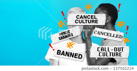 Gossip, cancel culture and people secret, internet or social medis isolated in a studio blue background. Negative, bad and graphic words for banned or fail message for political opinion or voice Gossip, cancel culture and people secret, internet or social medis isolated in a studio blue background. Negative, bad and graphic words for banned or fail message for political opinion or voice 137502224