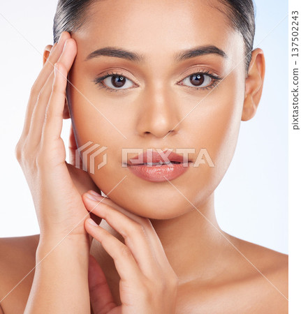 Woman, face and hands with natural beauty, skincare and cosmetic care isolated on white background. Model in portrait with clean facial, wellness and dermatology with skin glow and shine in a studio Woman, face and hands with natural beauty, skincare and cosmetic care isolated on white background. Model in portrait with clean facial, wellness and dermatology with skin glow and shine in a studio 137502243