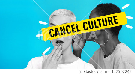 Gossip, cancel culture and people online, internet or social media isolated in a studio blue background. Negative, secret and graphic words for banned or fail message for political opinion or voice Gossip, cancel culture and people online, internet or social media isolated in a studio blue background. Negative, secret and graphic words for banned or fail message for political opinion or voice 137502245