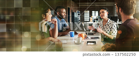 Banner, meeting with men and women in creative office with laptop, tablet and mockup space. Overlay, conversation and teamwork, group of young business people networking at tech startup together. Banner, meeting with men and women in creative office with laptop, tablet and mockup space. Overlay, conversation and teamwork, group of young business people networking at tech startup together. 137502250