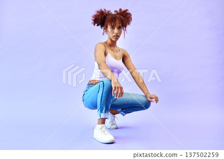 Fashion, beauty and portrait of woman on purple background for style, trendy clothes and cool outfit. Aesthetic, mockup and isolated person on floor with cosmetics, confidence and pride in studio Fashion, beauty and portrait of woman on purple background for style, trendy clothes and cool outfit. Aesthetic, mockup and isolated person on floor with cosmetics, confidence and pride in studio 137502259