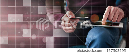 Person, tablet and hands with credit card on banner in payment, online shopping or banking on overlay. Closeup of shopper with debit and technology in ecommerce, electronic purchase or bank app 137502295