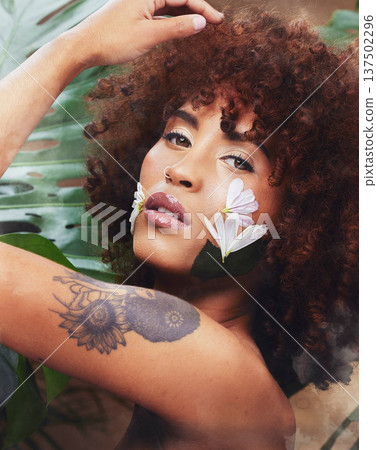 Beauty, natural and portrait of woman with flowers for skincare, cosmetic or self care routine. Fantasy, floral and young female model from Colombia with curls and creative facial makeup treatment. Beauty, natural and portrait of woman with flowers for skincare, cosmetic or self care routine. Fantasy, floral and young female model from Colombia with curls and creative facial makeup treatment. 137502296