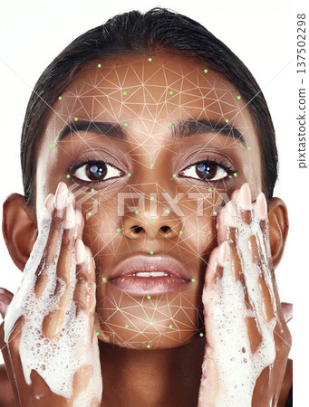Woman, portrait and face in skincare science, wash or hygiene in dermatology with overlay. Closeup of female person in facial beauty, cosmetics or treatment in cosmetology, transformation or genetics 137502298