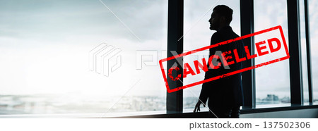 Cancel culture, overlay and silhouette of person by window for bias, political controversy or criticism. Mockup, business and shadow of worker for professional society problem, mistake or censorship 137502306