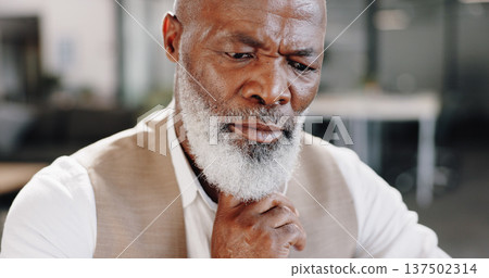 Business, thinking and senior black man in office with decision, brainstorming or planning solution. Idea, doubt and elderly African male CEO with choice, why or puzzled, problem solving or unsure 137502314