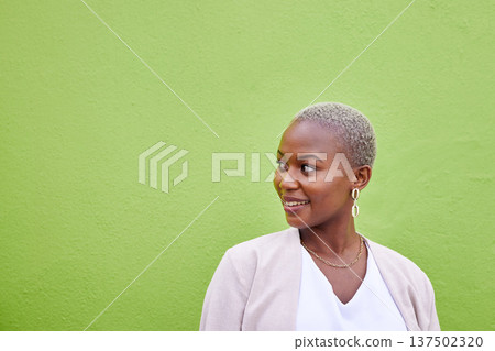 Smile, thinking and black woman by green wall with mockup space for marketing, promotion or advertising. Idea, happy and young African female model with dreaming, memory or reflection face expression Smile, thinking and black woman by green wall with mockup space for marketing, promotion or advertising. Idea, happy and young African female model with dreaming, memory or reflection face expression 137502320