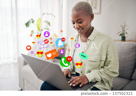 Laptop, social media icon or happy woman typing for communication, message or online chat. Emojis, notification overlay or African person on app to scroll on dating website or digital network at home Laptop, social media icon or happy woman typing for communication, message or online chat. Emojis, notification overlay or African person on app to scroll on dating website or digital network at home 137502321