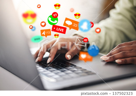 Laptop, emojis or hands of woman typing for communication, social media or online chat. Icon, message notification overlay or closeup of person on app to scroll on website or digital network at home Laptop, emojis or hands of woman typing for communication, social media or online chat. Icon, message notification overlay or closeup of person on app to scroll on website or digital network at home 137502323