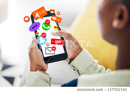 Phone, notification icon or black woman on social media online dating for chat texting communication. Like, heart emojis overlay or person typing on app screen, website or digital network at home Phone, notification icon or black woman on social media online dating for chat texting communication. Like, heart emojis overlay or person typing on app screen, website or digital network at home 137502342