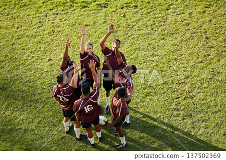 Raised hand, sports and rugby people celebrate teamwork, team building or winning game, match or tournament competition. Success motivation, top view winner and circle of men happy, excited or cheers Raised hand, sports and rugby people celebrate teamwork, team building or winning game, match or tournament competition. Success motivation, top view winner and circle of men happy, excited or cheers 137502369