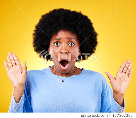 Scared, surprise and a shocked woman in studio for fear, mental health or surrender. Portrait of African person on yellow background mouth open, hands up or frightened by phobia, gossip or horror Scared, surprise and a shocked woman in studio for fear, mental health or surrender. Portrait of African person on yellow background mouth open, hands up or frightened by phobia, gossip or horror 137502393