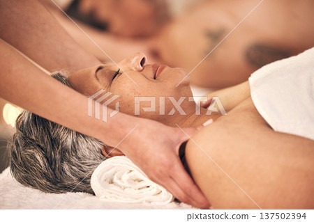 Relax, massage and zen with old couple in spa for vacation, luxury and beauty salon. Peace, wellness and holiday with senior woman and hands in hotel villa for retirement, oil treatment and body care Relax, massage and zen with old couple in spa for vacation, luxury and beauty salon. Peace, wellness and holiday with senior woman and hands in hotel villa for retirement, oil treatment and body care 137502394