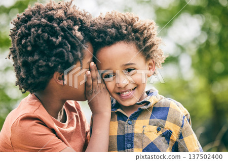 Black children, friends and whisper secret, happy and bonding together outdoor. African kids, smile and gossip in ear, hearing news or listening to funny story in communication, speaking or laughing Black children, friends and whisper secret, happy and bonding together outdoor. African kids, smile and gossip in ear, hearing news or listening to funny story in communication, speaking or laughing 137502400