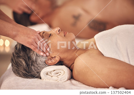 Relax, massage and head of old woman in spa for vacation, luxury and beauty salon. Peace, wellness and holiday with senior customer and hands in hotel villa for retirement, oil treatment and zen 137502404