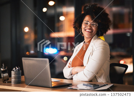 Business woman, portrait and arms crossed on computer for night planning, marketing research and online management. Professional african person or happy editor on laptop with career mindset and bokeh 137502473