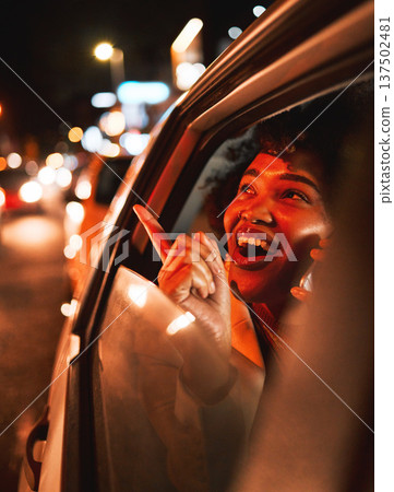 Happy black woman, phone call and car at night in city taxi, communication or networking. Excited African female person smile in conversation or late evening discussion on mobile smartphone in travel Happy black woman, phone call and car at night in city taxi, communication or networking. Excited African female person smile in conversation or late evening discussion on mobile smartphone in travel 137502481