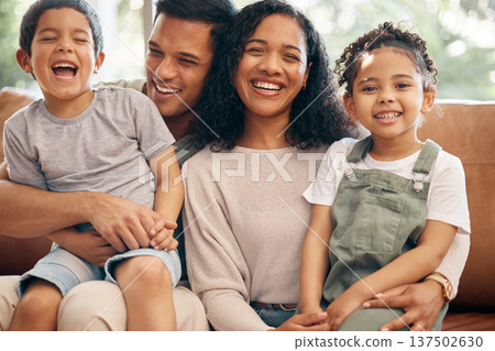 Happy family, portrait and laughing in holiday bonding, weekend or break in relax on living room sofa at home. Mother, father and kids smile in happiness, love or care for day off together in house Happy family, portrait and laughing in holiday bonding, weekend or break in relax on living room sofa at home. Mother, father and kids smile in happiness, love or care for day off together in house 137502630