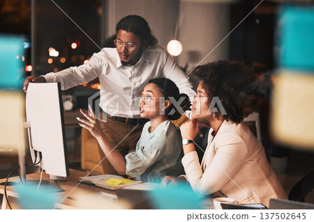 Meeting, late night and business people at computer with problem solving, ideas and planning startup project together. Teamwork, overtime and office, team brainstorming at agency with man and women. 137502645