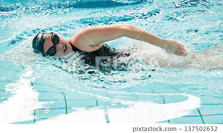 Woman, pool and swimming in water for exercise, sports fitness or training in athletic triathlon. Female person, athlete or professional swimmer in competition, race or marathon in workout practice Woman, pool and swimming in water for exercise, sports fitness or training in athletic triathlon. Female person, athlete or professional swimmer in competition, race or marathon in workout practice 137502652