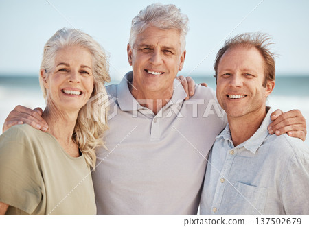 Beach, senior parents or happy man in portrait together on summer holiday vacation with smile or love. Family, support or son bonding with a mature dad or proud mother at sea in Australia to relax 137502679