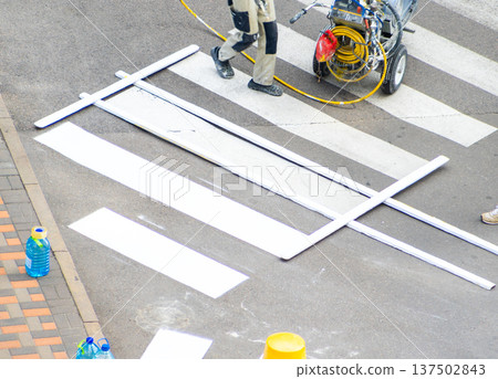 Road Worker Painting Pedestrian Crossing Road Worker Painting Pedestrian Crossing 137502843