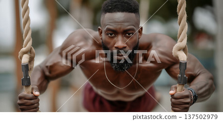 Athlete muscles exertion. Determined athlete showcases power and discipline. Intense scene of shirtless male engaging in street workout at dusk Athlete muscles exertion. Determined athlete showcases power and discipline. Intense scene of shirtless male engaging in street workout at dusk 137502979