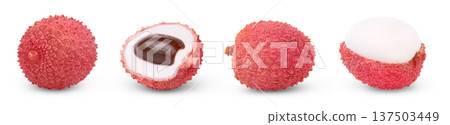 Fresh juicy pink lychee and half of lychee with seed and peeled half of lychee isolated collection, set. 137503449