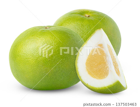 Sweetie or pomelit, pomelo, oroblanco citrus fruit with slice isolated. Fresh green grapefruit sweetie with cut of grapefruit sweetie with clipping path. Sweetie or pomelit, pomelo, oroblanco citrus fruit with slice isolated. Fresh green grapefruit sweetie with cut of grapefruit sweetie with clipping path. 137503463
