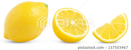 Collection of lemons isolated. Whole lemon, half of lemon fruit and cut in a slice isolated. Collection of lemons isolated. Whole lemon, half of lemon fruit and cut in a slice isolated. 137503467