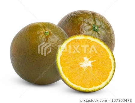 Fresh sliced chocolate navel orange on white. Bronze or brown orange fruit and half of chocolate orange isolated. Fresh sliced chocolate navel orange on white. Bronze or brown orange fruit and half of chocolate orange isolated. 137503478