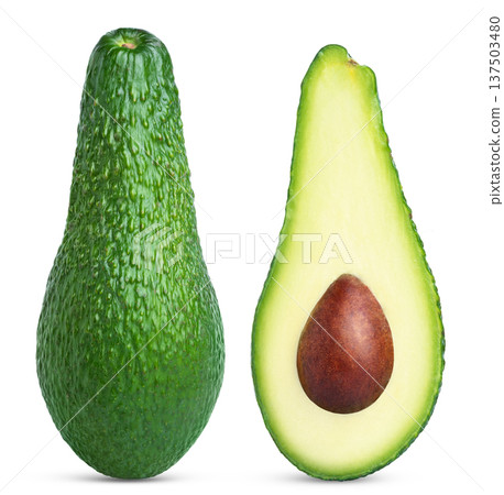 Collection of green fresh avocado fruit and half of avocado with seed isolated. Collection of green fresh avocado fruit and half of avocado with seed isolated. 137503480