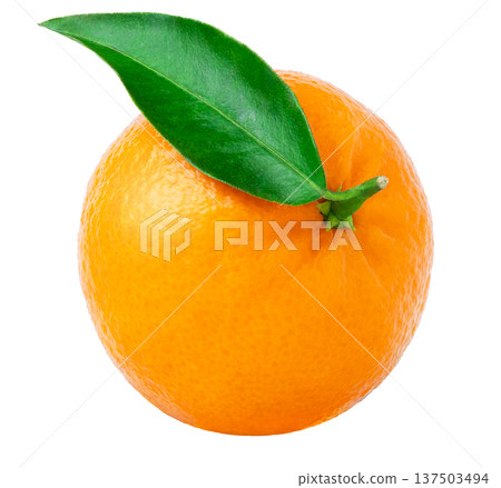 One fresh ripe mandarin, tangerine or clementine with green leaf without shadow isolated. One fresh ripe mandarin, tangerine or clementine with green leaf without shadow isolated. 137503494