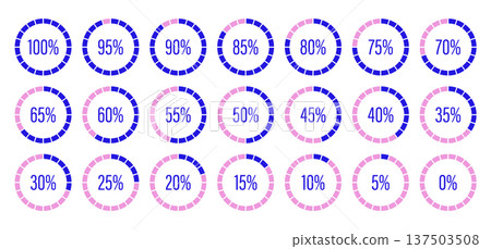 Dark blue and pink color fill pie chart indicators. Round graph loading progress set. Pink-blue progress bars. Round percentage infographic. Circle diagrams icons for infographics from 0 to 100 137503508