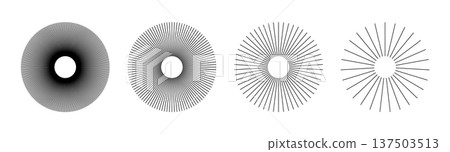 Ray burst, beams set. Collection of sunburst element, radial stripes. Sun star rays. Radial radiation circle lines. Circular radial lines. Spokes with radiating stripes grid. Abstract outline graphic Ray burst, beams set. Collection of sunburst element, radial stripes. Sun star rays. Radial radiation circle lines. Circular radial lines. Spokes with radiating stripes grid. Abstract outline graphic 137503513