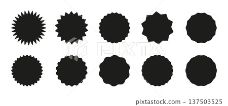 Round sticker set. Star burst black shape tags for price, shop. Wavy edge promo black badges. Flat vintage circle labels. Blank sale stickers set, simple silhouette. Round sticker set. Star burst black shape tags for price, shop. Wavy edge promo black badges. Flat vintage circle labels. Blank sale stickers set, simple silhouette. 137503525