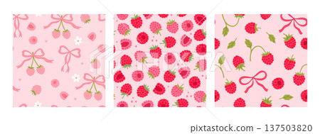 A set of seamless patterns with raspberries. Vector graphics. 137503820