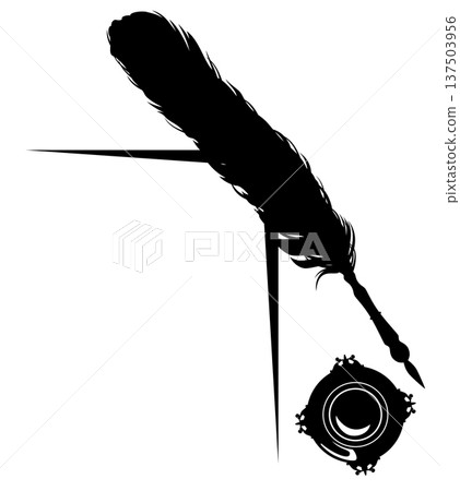 antique style writing tools - feather pen and inkwell with blank page black and white vector copy space design antique style writing tools - feather pen and inkwell with blank page black and white vector copy space design 137503956