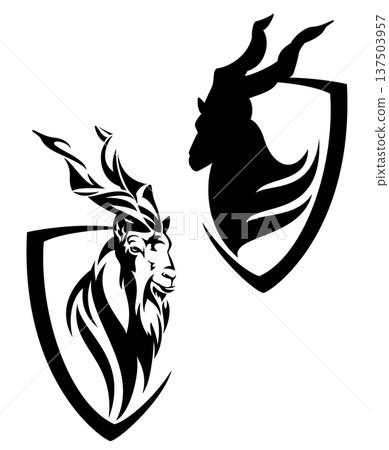 markhor mountain goat profile head and heraldic shield black and white vector 137503957