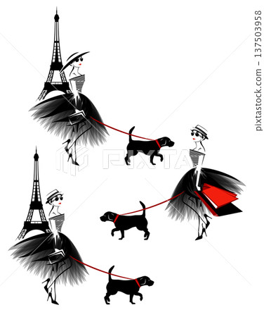 elegant woman and her pet dog on the walk in Paris vector design elegant woman and her pet dog on the walk in Paris vector design 137503958