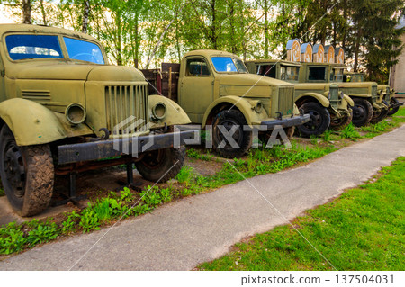 Rusty soviet retro trucks in Open air Museum of Folk Architecture and Folkways of Middle Naddnipryanschina in Pereyaslav, Ukraine Rusty soviet retro trucks in Open air Museum of Folk Architecture and Folkways of Middle Naddnipryanschina in Pereyaslav, Ukraine 137504031