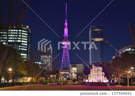 Aichi Prefecture Nagoya Cityscape Sakae Night View Illuminated TV Tower at Night 137504041