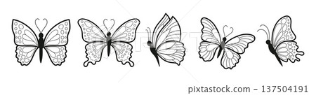 Butterfly Line Art Elements Set. Hand-Drawn Minimal Outline Butterflies, Decorative Designs in a vector illustration 137504191