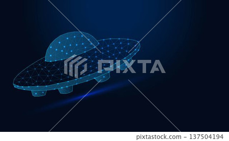 Low poly wireframe flying saucer ufo on dark blue background. Low poly wireframe flying saucer ufo on dark blue background. 137504194